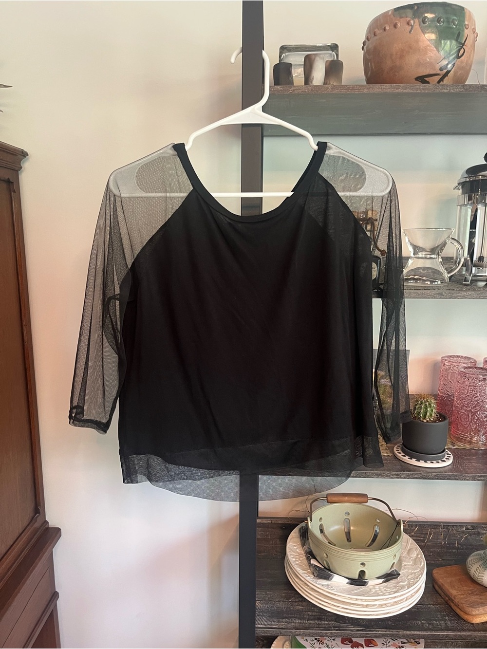 American Eagle Oversize Sheer Mesh Hem Detail Sleeve Top Raglan Top Zipper Shirt